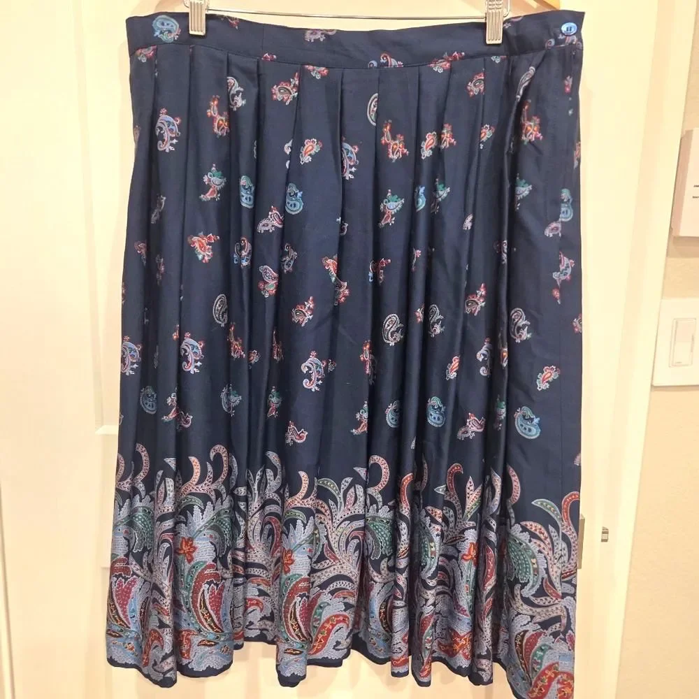 Vintage Liz Claiborne Paisley Pleated Full Midi Skirt Cottagecore Rayon Blue 12